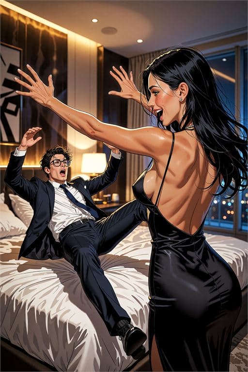 Aria playfully pushing him onto the bed, page 6